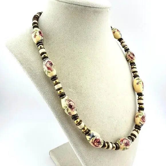 Vintage Glass Rose Transfer Gold Tone Beaded Romantic Sweet 20” Necklace - Picture 2 of 6